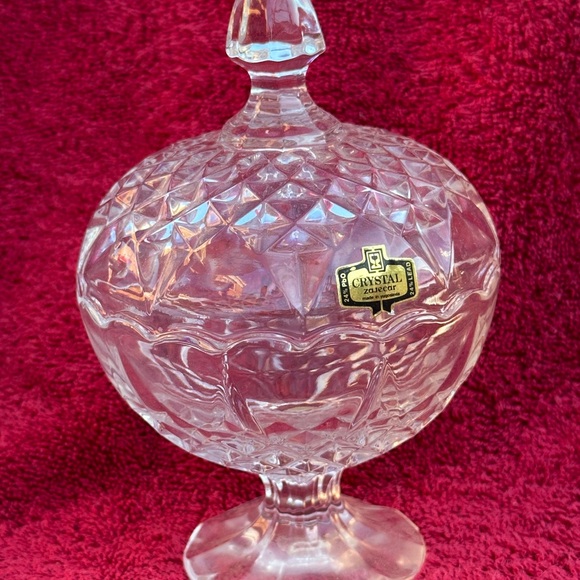 None Other - Covered Pedestal Candy Dish, Yugoslavia 3D Diamond Pattern, Scalloped Edges